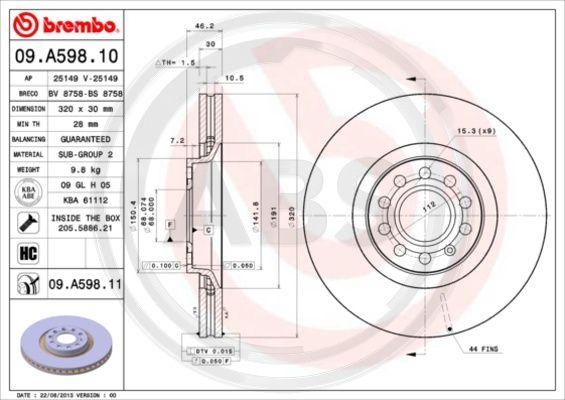 A.B.S. 09.A598.11 - Bremsscheibe alexcarstop-ersatzteile.com