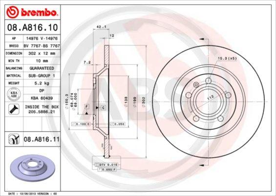 A.B.S. 08.A816.11 - Bremsscheibe alexcarstop-ersatzteile.com