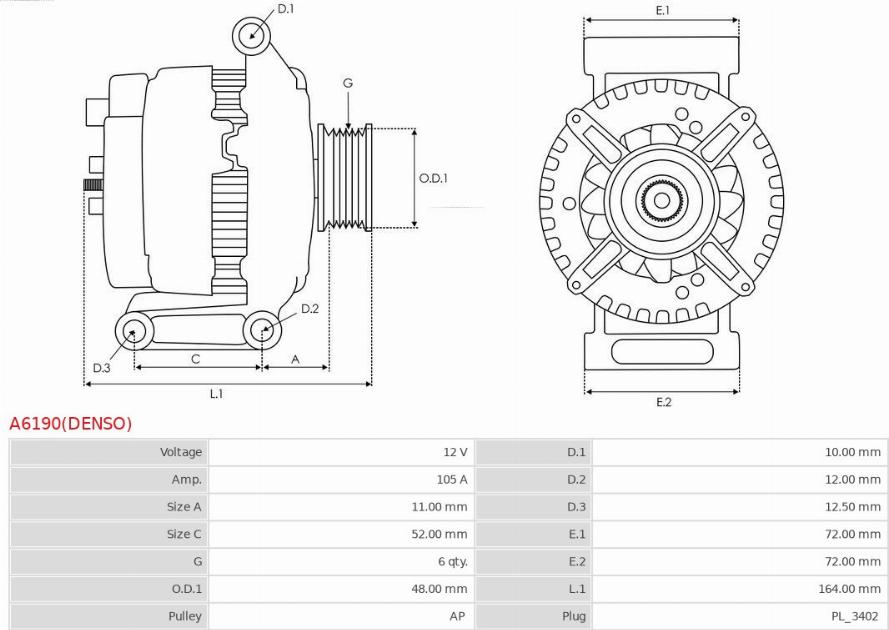 AS-PL A6190(DENSO) - Generator alexcarstop-ersatzteile.com