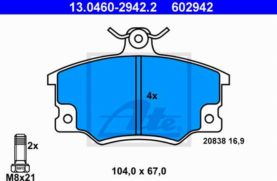 ATE 602942 - Bremsbelagsatz, Scheibenbremse alexcarstop-ersatzteile.com