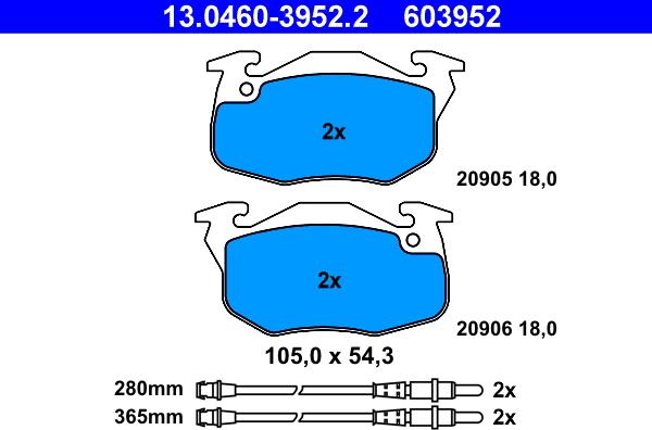 ATE 13.0460-3952.2 - Bremsbelagsatz, Scheibenbremse alexcarstop-ersatzteile.com