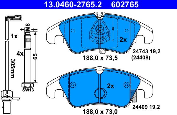 ATE 13.0460-2765.2 - Bremsbelagsatz, Scheibenbremse alexcarstop-ersatzteile.com