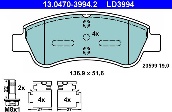 ATE 13.0470-3994.2 - Bremsbelagsatz, Scheibenbremse alexcarstop-ersatzteile.com