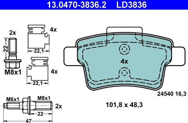 ATE 13.0470-3836.2 - Bremsbelagsatz, Scheibenbremse alexcarstop-ersatzteile.com