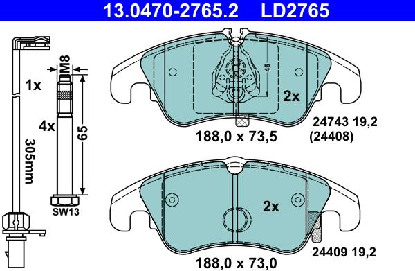 ATE 13.0470-2765.2 - Bremsbelagsatz, Scheibenbremse alexcarstop-ersatzteile.com