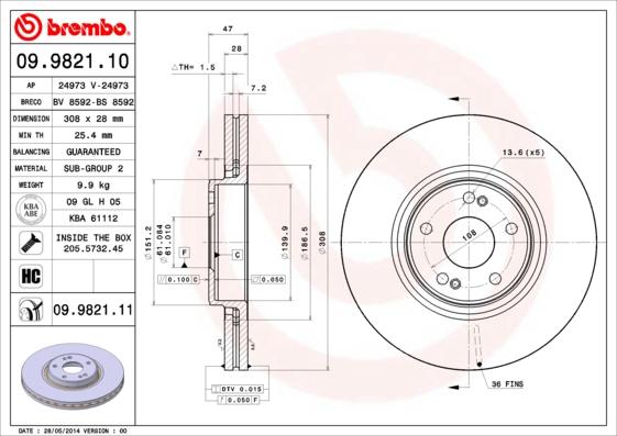 Brembo 09.9821.10 - Bremsscheibe alexcarstop-ersatzteile.com