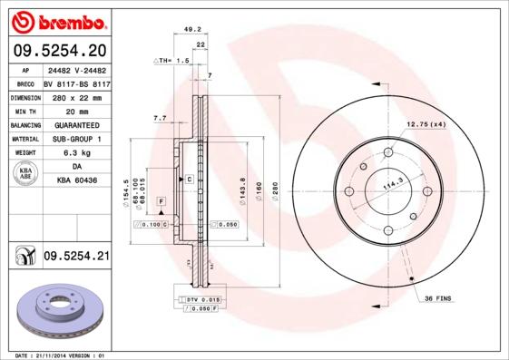 Brembo 09.5254.20 - Bremsscheibe alexcarstop-ersatzteile.com