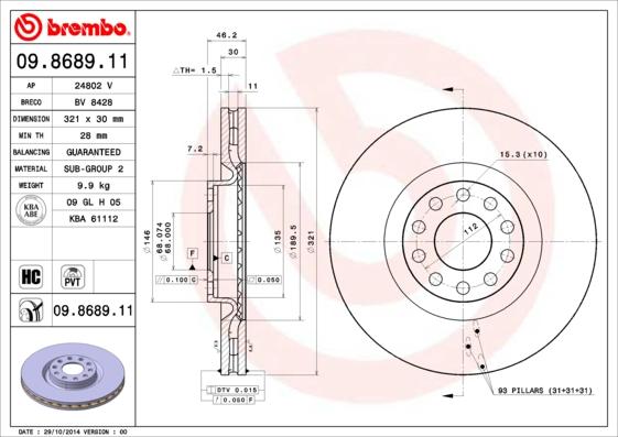 Brembo 09.8689.11 - Bremsscheibe alexcarstop-ersatzteile.com