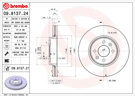 Brembo 09.8137.21 - Bremsscheibe alexcarstop-ersatzteile.com