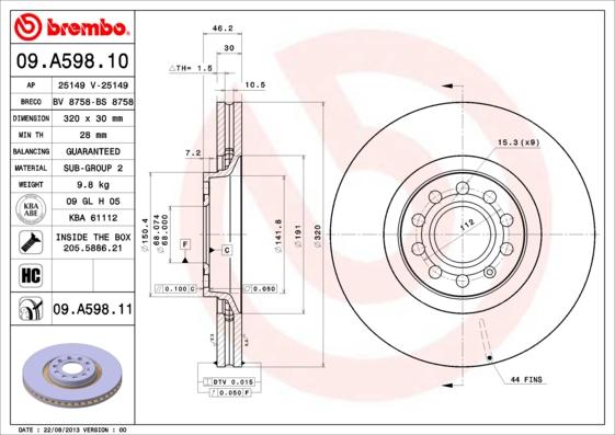 Brembo 09.A598.10 - Bremsscheibe alexcarstop-ersatzteile.com