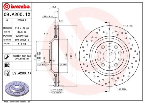 Brembo 09.A200.1X - Bremsscheibe alexcarstop-ersatzteile.com