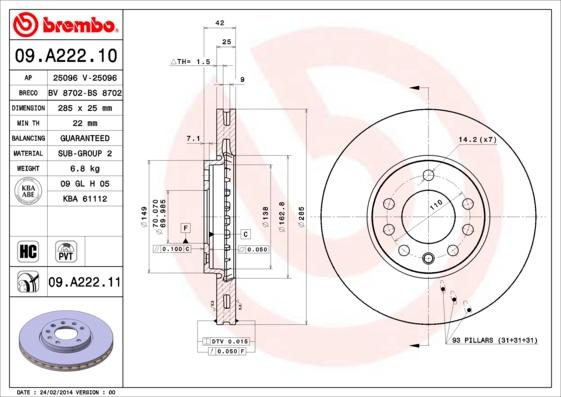 Brembo 09.A222.10 - Bremsscheibe alexcarstop-ersatzteile.com