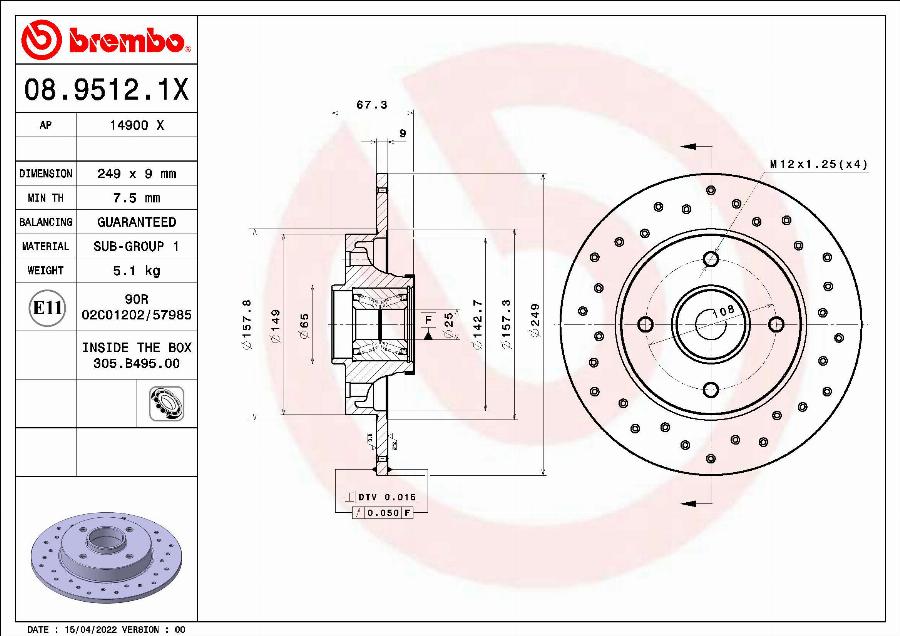 Brembo 08.9512.1X - Bremsscheibe alexcarstop-ersatzteile.com