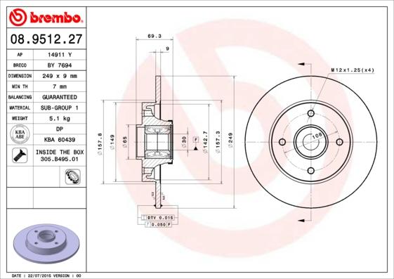 Brembo 08.9512.27 - Bremsscheibe alexcarstop-ersatzteile.com