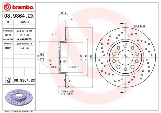 Brembo 08.9364.2X - Bremsscheibe alexcarstop-ersatzteile.com