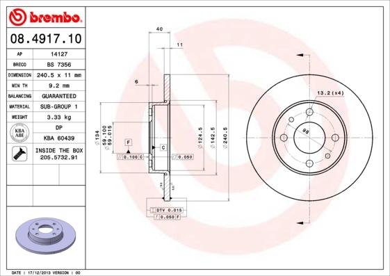 Brembo 08.4917.10 - Bremsscheibe alexcarstop-ersatzteile.com