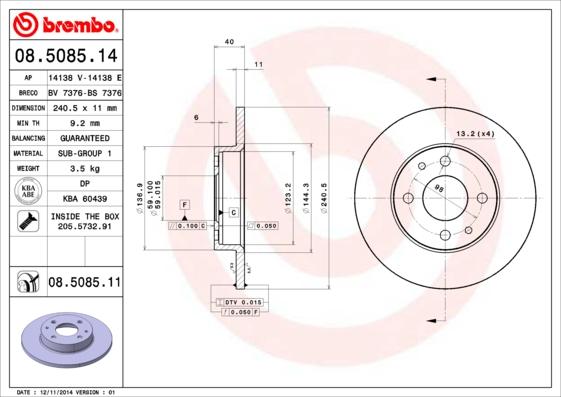 Brembo 08.5085.11 - Bremsscheibe alexcarstop-ersatzteile.com