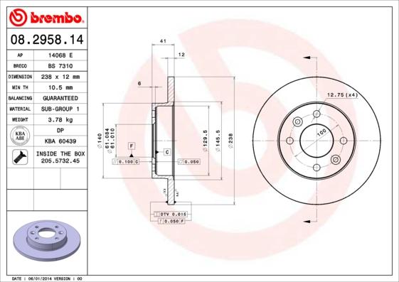 Brembo 08.2958.14 - Bremsscheibe alexcarstop-ersatzteile.com