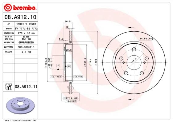 Brembo 08.A912.10 - Bremsscheibe alexcarstop-ersatzteile.com