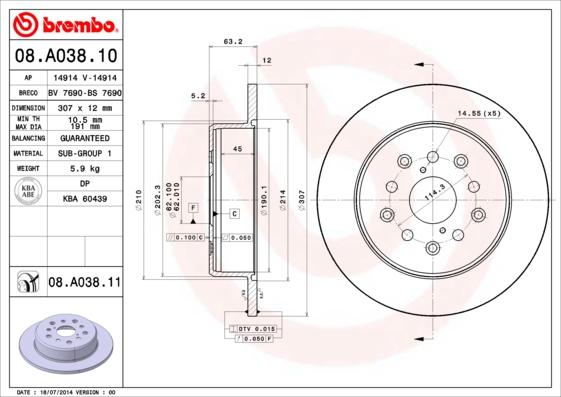 Brembo 08.A038.10 - Bremsscheibe alexcarstop-ersatzteile.com