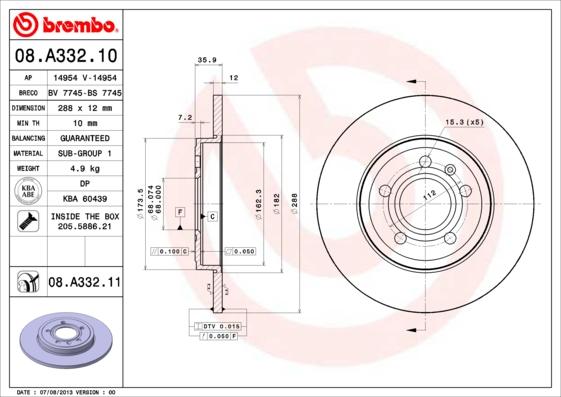 Brembo 08.A332.10 - Bremsscheibe alexcarstop-ersatzteile.com