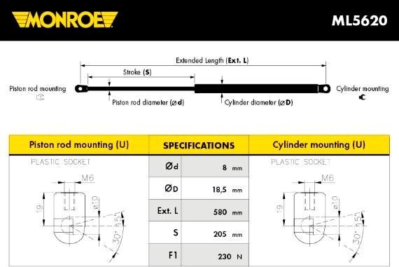 Monroe ML5620 - Gasfeder, Motorhaube alexcarstop-ersatzteile.com