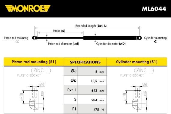 Monroe ML6044 - Gasfeder, Koffer / Laderaum alexcarstop-ersatzteile.com