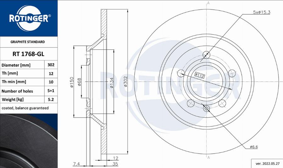 Rotinger RT 1768-GL - Bremsscheibe alexcarstop-ersatzteile.com