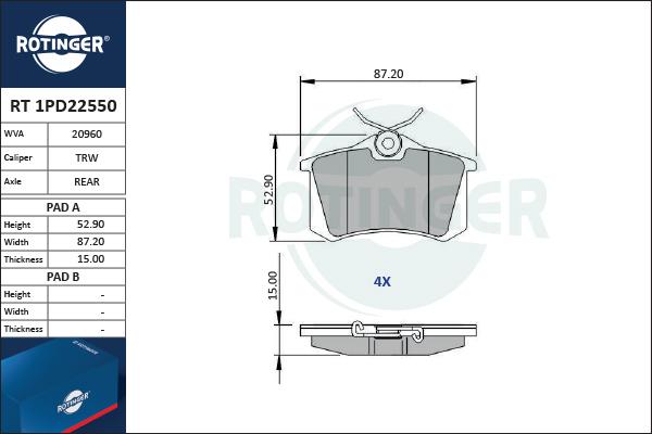 Rotinger RT 1PD22550 - Bremsbelagsatz, Scheibenbremse alexcarstop-ersatzteile.com