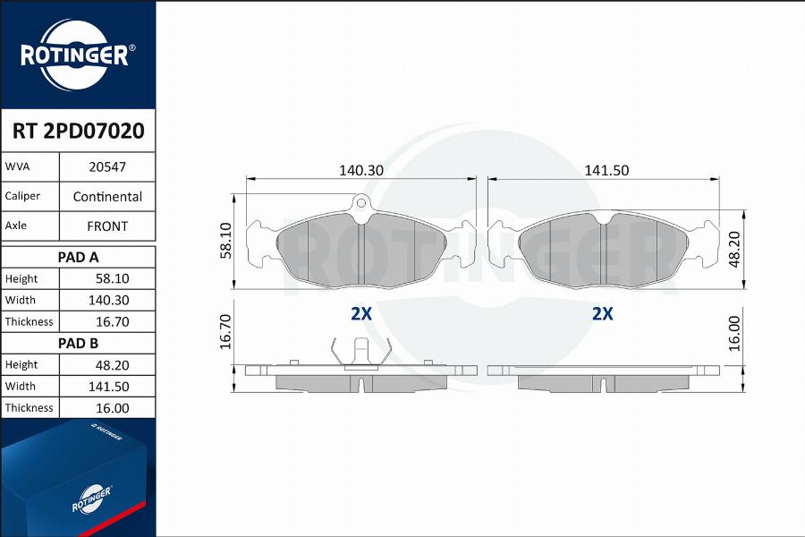 Rotinger RT 2PD07020 - Bremsbelagsatz, Scheibenbremse alexcarstop-ersatzteile.com