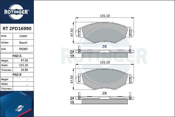 Rotinger RT 2PD16990 - Bremsbelagsatz, Scheibenbremse alexcarstop-ersatzteile.com