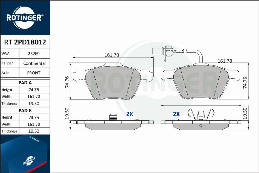 Rotinger RT 2PD18012 - Bremsbelagsatz, Scheibenbremse alexcarstop-ersatzteile.com