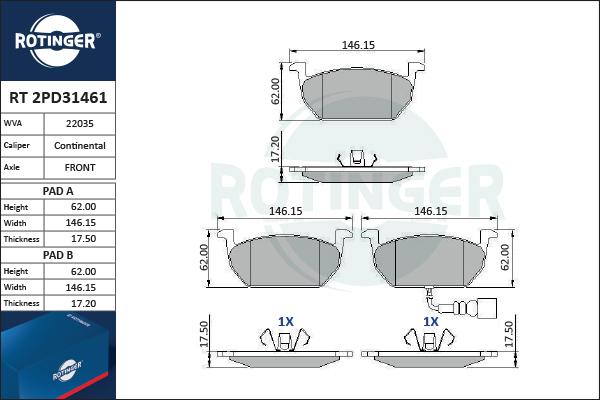 Rotinger RT 2PD31461 - Bremsbelagsatz, Scheibenbremse alexcarstop-ersatzteile.com