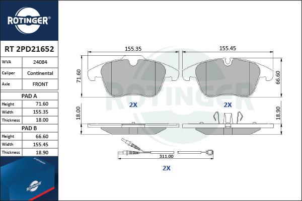 Rotinger RT 2PD21652 - Bremsbelagsatz, Scheibenbremse alexcarstop-ersatzteile.com