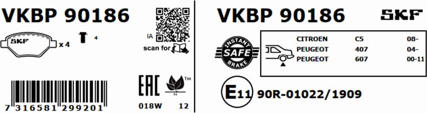 SKF VKBP 90186 - Bremsbelagsatz, Scheibenbremse alexcarstop-ersatzteile.com