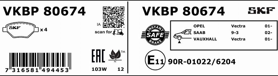 SKF VKBP 80674 - Bremsbelagsatz, Scheibenbremse alexcarstop-ersatzteile.com