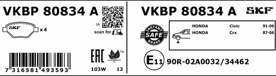 SKF VKBP 80834 A - Bremsbelagsatz, Scheibenbremse alexcarstop-ersatzteile.com