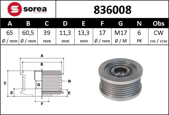 SNRA 836008 - Riemenscheibe, Generator alexcarstop-ersatzteile.com