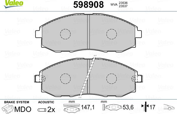 Valeo 598908 - Bremsbelagsatz, Scheibenbremse alexcarstop-ersatzteile.com