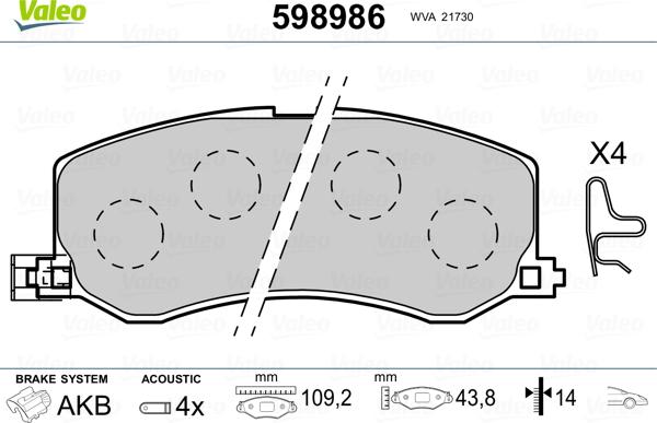 Valeo 598986 - Bremsbelagsatz, Scheibenbremse alexcarstop-ersatzteile.com