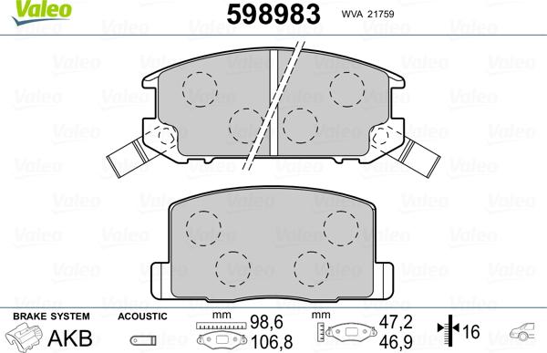 Valeo 598983 - Bremsbelagsatz, Scheibenbremse alexcarstop-ersatzteile.com