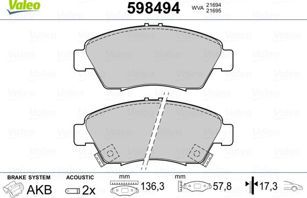 Valeo 598494 - Bremsbelagsatz, Scheibenbremse alexcarstop-ersatzteile.com