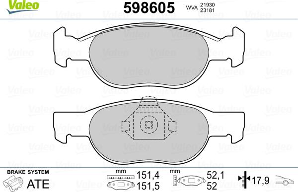 Valeo 598605 - Bremsbelagsatz, Scheibenbremse alexcarstop-ersatzteile.com