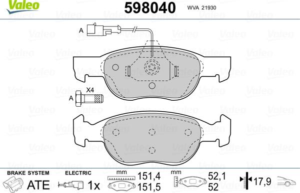 Valeo 598040 - Bremsbelagsatz, Scheibenbremse alexcarstop-ersatzteile.com