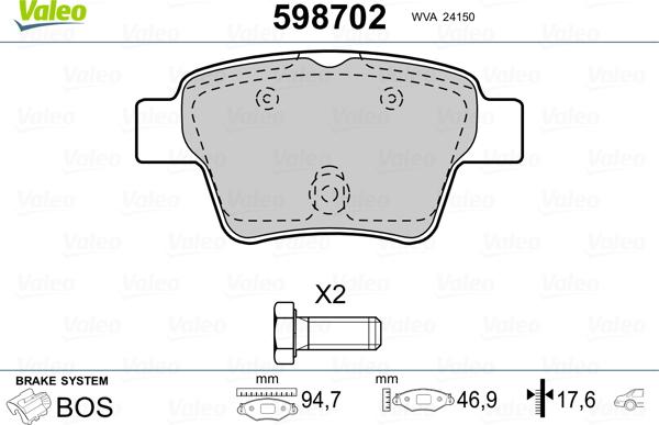 Valeo 598702 - Bremsbelagsatz, Scheibenbremse alexcarstop-ersatzteile.com