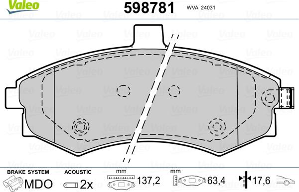 Valeo 598781 - Bremsbelagsatz, Scheibenbremse alexcarstop-ersatzteile.com