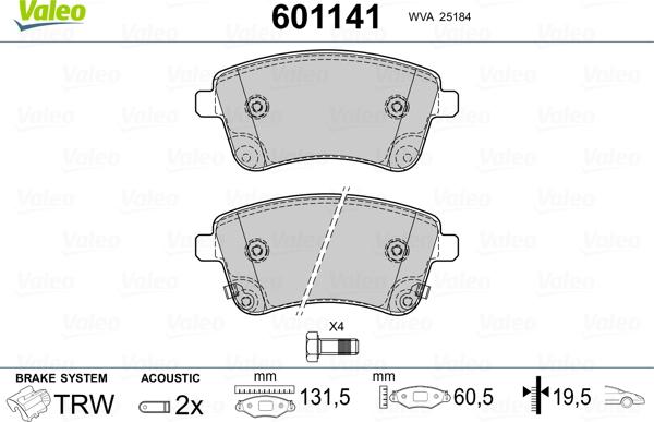 Valeo 601141 - Bremsbelagsatz, Scheibenbremse alexcarstop-ersatzteile.com