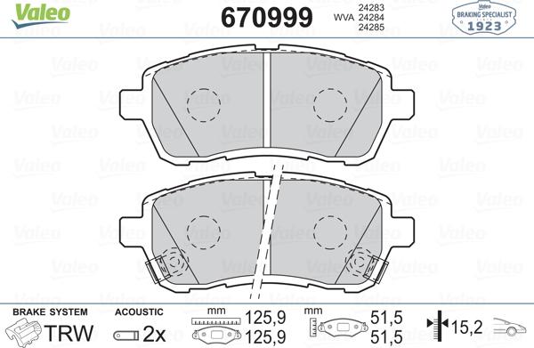 Valeo 670999 - Bremsbelagsatz, Scheibenbremse alexcarstop-ersatzteile.com