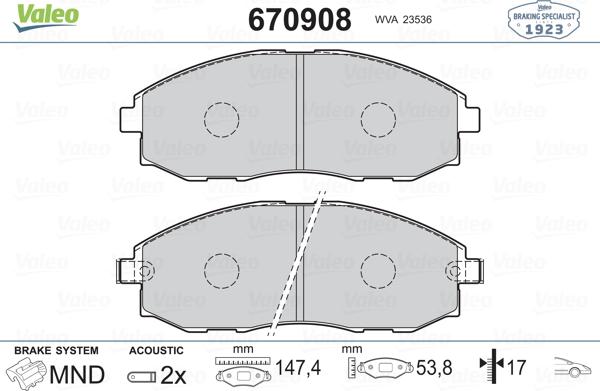 Valeo 670908 - Bremsbelagsatz, Scheibenbremse alexcarstop-ersatzteile.com