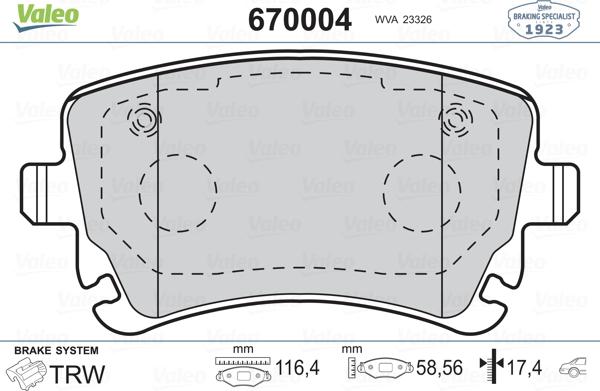 Valeo 670004 - Bremsbelagsatz, Scheibenbremse alexcarstop-ersatzteile.com